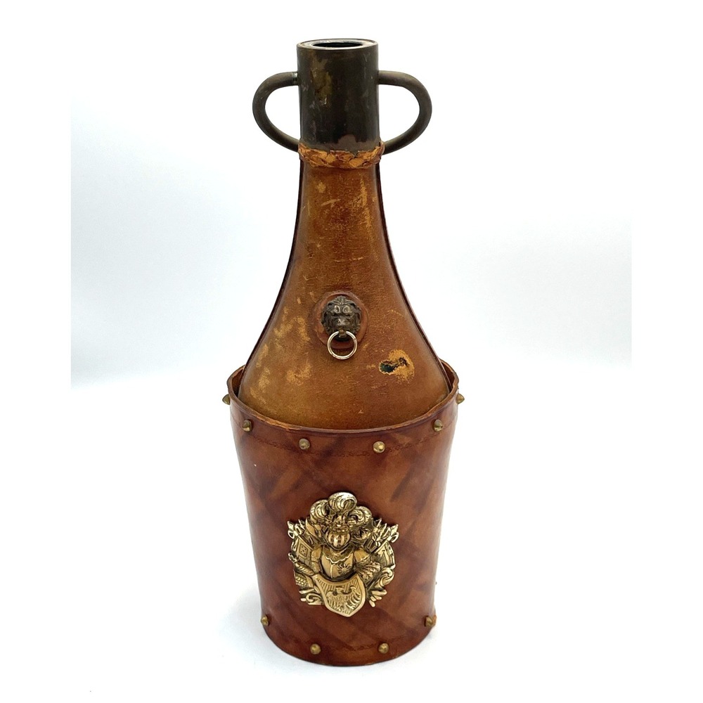 Vintage Italian Leather Covered Decanter Green Glass Bottle Bar No Stopper
